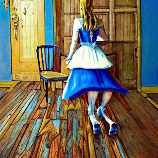 Image similar to alice in the wonderland, chairs, wood floor, blue dress, blonde by cheval michael