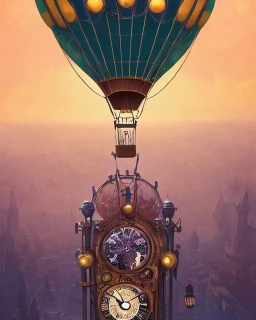 Image similar to a stunning fantasy scene of a steampunk hot - air balloon flying over an art deco city with a clock - tower | highly detailed | very intricate | disney pixar | steampunk | dramatic romantic epic breathtaking whimsical magical | bokeh moon stars | professional cinematic lighting | artdeco | painted by beeple and rhads and donato giancola | bold color palette | featured on artstation