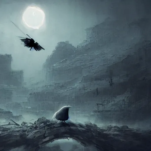 Prompt: a tiny gloomy reaper is sitting on a gigantic rock, holding its scythe and watches a little happy bird flying around a extrem destroyed fallout city with extrem radioactive aspects at nighttime and heavy rain, by aleksandra waliszewska and aoi ogata, dystopian concept dramatic horror art