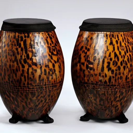 Prompt: a pair of amazonian drums made with jaguar skin