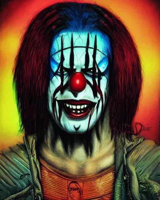 Prompt: trent reznor with long hair as a psycho clown, horror, high details, bright colors, striking, intricate details, by vincent di fate, artgerm julie bell beeple, 1 9 8 0 s, inking, vintage 8 0 s print, screen print