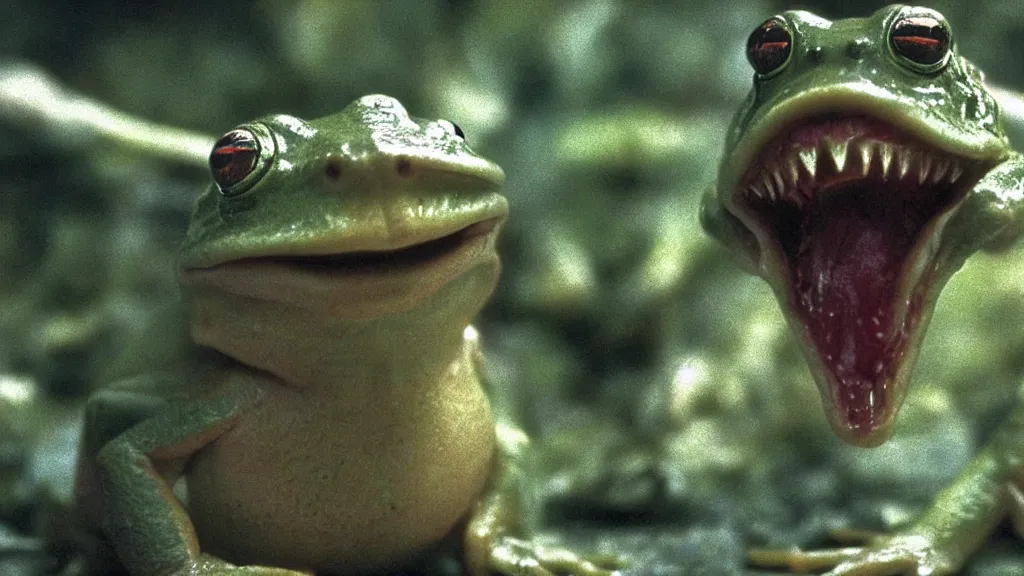 Prompt: a humanoid frog with a mouth full of sharp teeth laughing maniacally, a satanic ritual, by Brian Froud and John Carpenter, movie still directed by Ridley Scott and cinematography by Roger Deakins