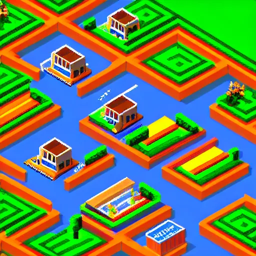Prompt: isometric pixel art of a midwest town