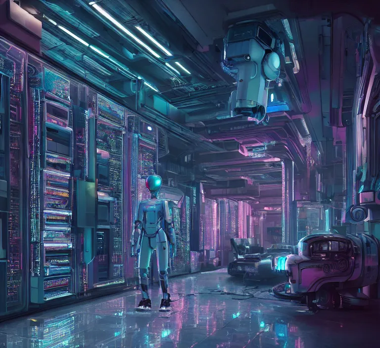 Image similar to hyperrealism stock photography of highly detailed stylish robot in cyberpunk sci - fi style by gragory crewdson and katsuhiro otomo, mike winkelmann with many details by josan gonzalez working at the highly detailed data center by mike winkelmann and laurie greasley hyperrealism photo on dsmc 3 system rendered in blender and octane render