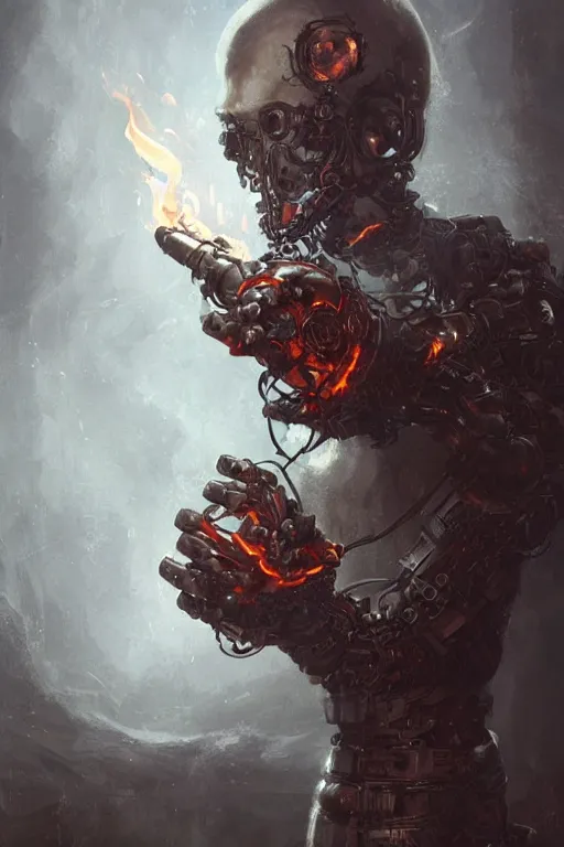 Image similar to mechanical power glove imbued with the power of fire, biomechanical, magical artifact, legendary, digital illustration, professional art by Seb McKinnon, cgsociety, fantasy, magic