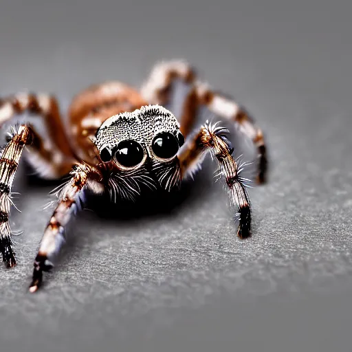 Image similar to a smart jumping spider using his computer keyboard, by pixar, macro lens, iridescent