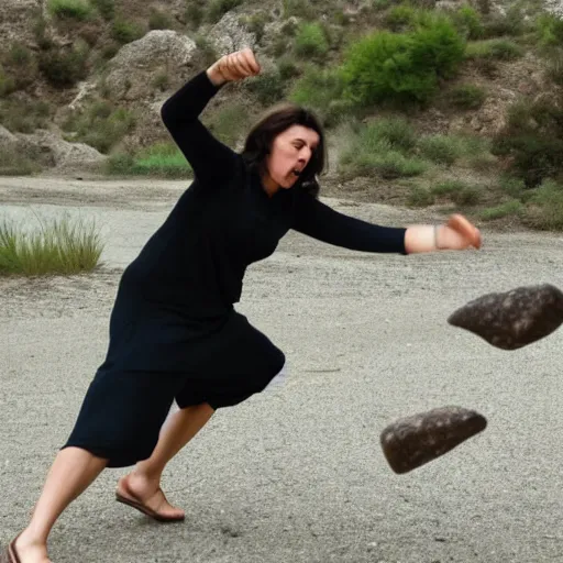 Prompt: morbid woman throwing rocks action sequence