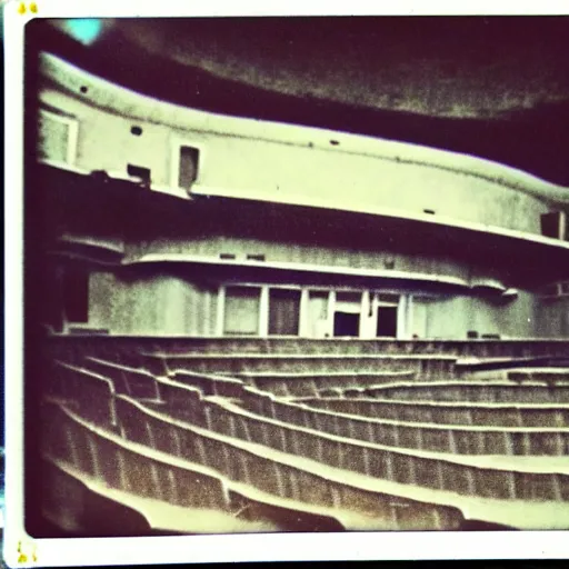 Image similar to old polaroid of a retro futuristic destroyed communist theatre, desolate, award winning, wide angle,