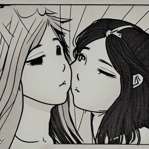 Image similar to portrait of two girls kissing, detailed manga art