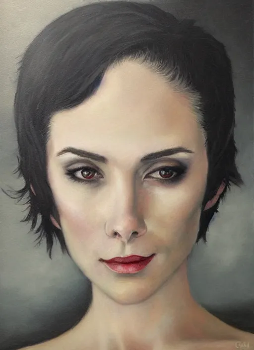 Prompt: Beautiful oil painting of Alice Cullen by Chie Yoshii, portrait, pale skin, short black pixie cut hair, smiling, symmetrical face, round face, cute, black dress, Ashley Greene, dramatic lighting, twilight, sharp focus, smooth, happy