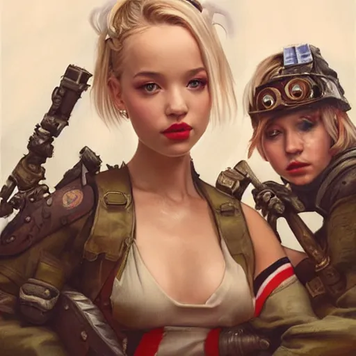 Image similar to lalisa gray and dove cameron as tank girl, fantasy, portrait, highly detailed, waist up, low camera angle, digital painting, trending on artstation, concept art, sharp focus, illustration, art by artgerm and greg rutkowski and magali villeneuve