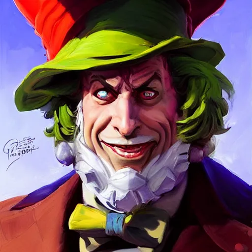Prompt: greg manchess portrait painting of partially armored mad hatter from alice in wonderland as overwatch character, wacky, medium shot, asymmetrical, profile picture, organic painting, sunny day, matte painting, bold shapes, hard edges, street art, trending on artstation, by huang guangjian and gil elvgren and jesper ejsing