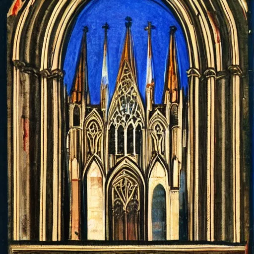 Image similar to International Gothic painting of cathedral, from late 14th century