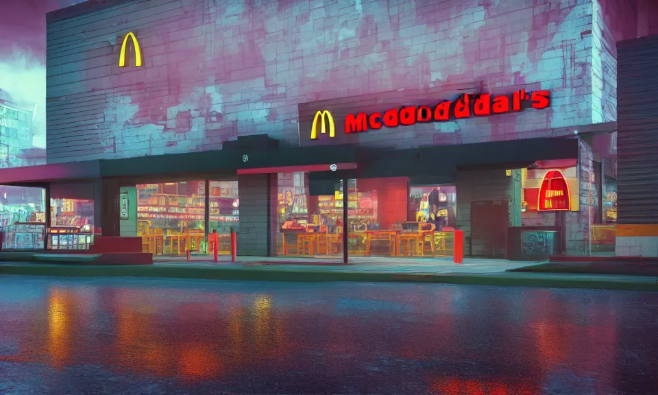 Image similar to exterior shot of a mcdonalds in a cyberpunk city, at night, neon lights, light bloom, octane render, rainy, reflections