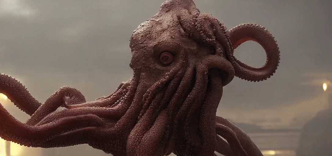 Prompt: an octopus in the shape of a obama's head, foggy, cinematic shot, photo still from movie by denis villeneuve, wayne barlowe