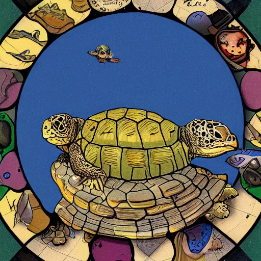 Image similar to a stack of turtles beneath a round disc map, map on top