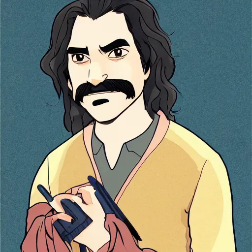 Image similar to precisely drawn illustration of inigo montoya drawn in the style of studio ghibli, full color, anime, manga style