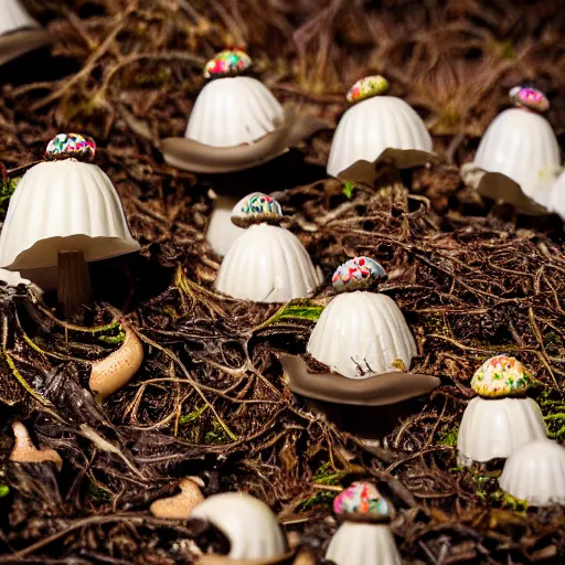 Image similar to a photograph of a clump of vanilla-chocolate swirl ice cream cones with sprinkles growing in the deep lush forest like mushrooms. Shallow depth-of-field