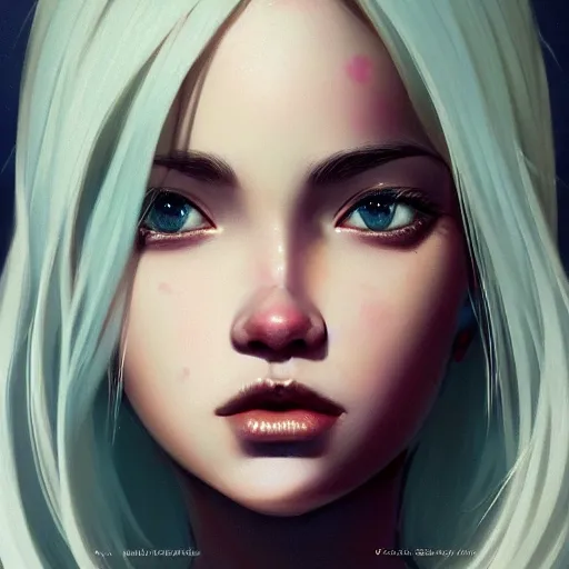 Image similar to very cool girl blonde hair black back, mint higlights, strong eyelashes, cute nose and lips makeup, nose piercing, detailed portrait, intricate complexity, by greg rutkowski, artgerm, ross tran, conrad roset, takato yomamoto, ilya kuvshinov. 4 k, beautiful, cinematic dramatic atmosphere