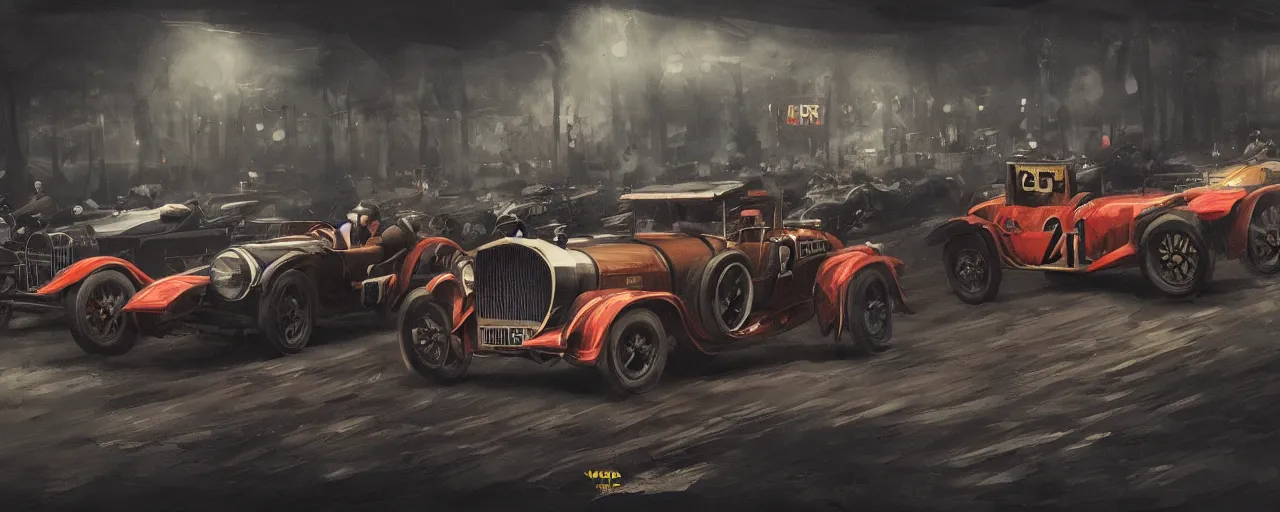 Prompt: 1920s race car rally, very dark and intense, vivid colors, trending on artstation, 8K, ultra wide angle, pincushion lens effect