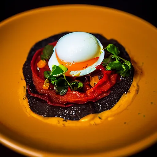 Image similar to black pudding ceviche in leche de tigre, roasted tomatoes, fried egg, chili oil, michelin starred restaurant, award winning photography, noma, by rene redzepi, by pierre gagnaire, food photography, highly detailed, culinary plating