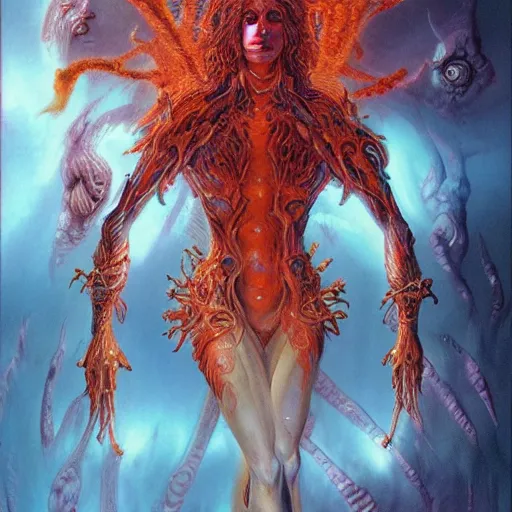 Image similar to A stunning portrait of a goddess, her body made of flames, by Wayne Barlowe and Jim Burns, 8K UHD, intricate, fantasy, Trending on artstation.