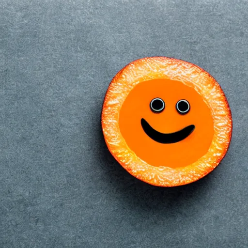 Prompt: realistic photo orange slice with smiling googley face on a table