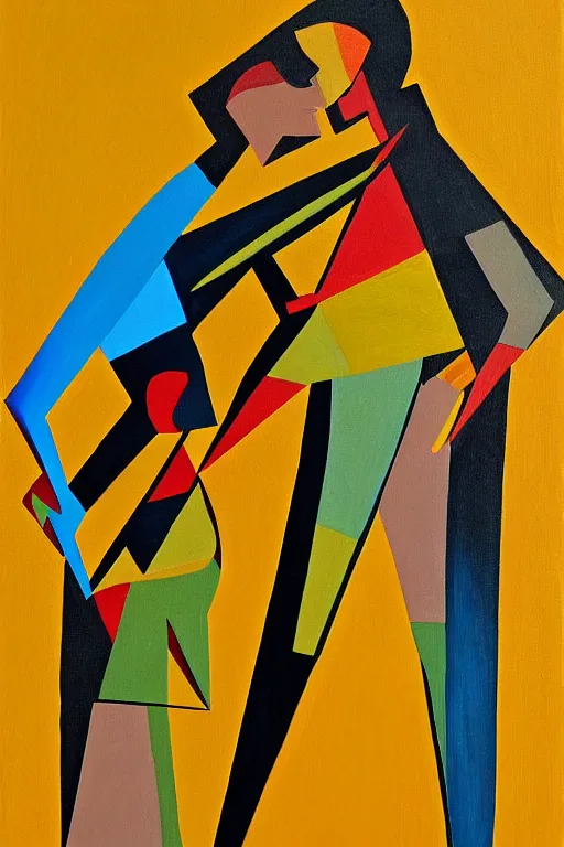 Image similar to neo cubistic painting of two tall figures, sandy yellow muted colors, in the style of Jessalyn Brooks