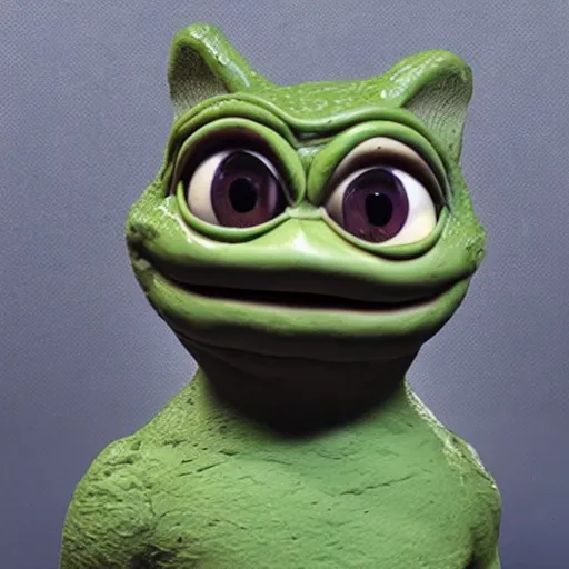 Image similar to clay head of pepe the frog, 3d sculpture, textured, fine detail, lifelike, photo, high resolution