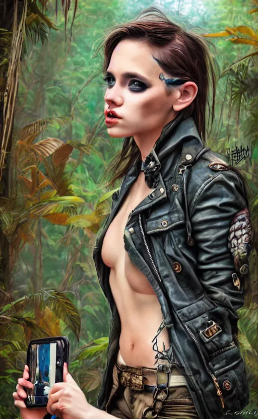 Prompt: cute punk rock girl making selfie in jungles, mad max jacket, renaissance, cables on her body, hyper realistic style, oil painting, fantasy by Olga Fedorova