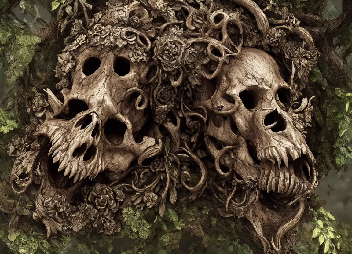 Prompt: ornate carved rat skull statue inside ancient forest, natural light, artwork by neil gaiman maria panfilova andrea savchenko mike kime ludovic plouffe qi shengluo oliver cook julian calle eddie mendoza, trending on artstation