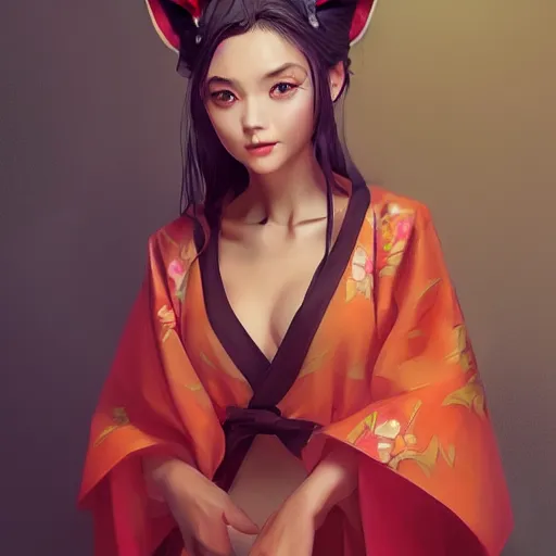 Image similar to A potrait of a beautiful, shapely woman with fox ears wearing a modest kimono, digital painting, by Stanley Artgerm Lau, WLOP, Rossdraws, LeraPi, and Sakimichan, digtial painting, trending on ArtStation, deviantart, SFW version