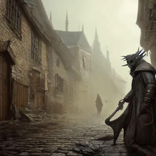 Prompt: A man draped in a ankle-length overcoat with leather gloves and boots wearing a bird-like beak mask in a medieval village by Greg Rutkowski, Bloodborne, 4k photorealistic, volumetric lighting, HD, high details, dramatic, dark atmosphere, trending on artstation