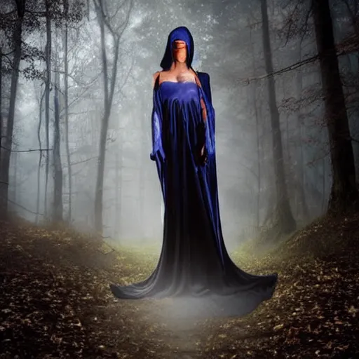 Image similar to cloaked ebony maiden with blue eyes and a beautiful model face in a dark and creepy forest