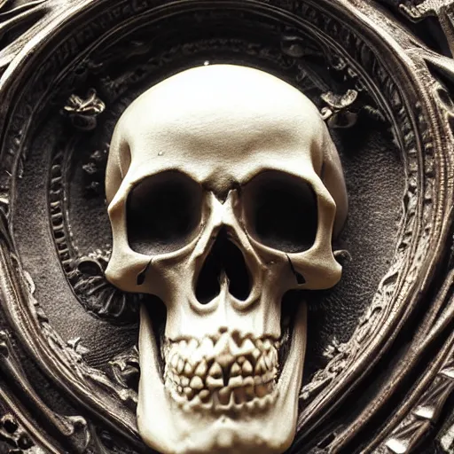 Prompt: gothic sculpture of skull with decorative baroque design, deep texture, intense detail, hyperealism, 4 k