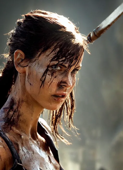 Image similar to a film still of lara croft as ninja, her face muddy and sweat, direct sun light, close up potrait, sharp and detail, cinematic,