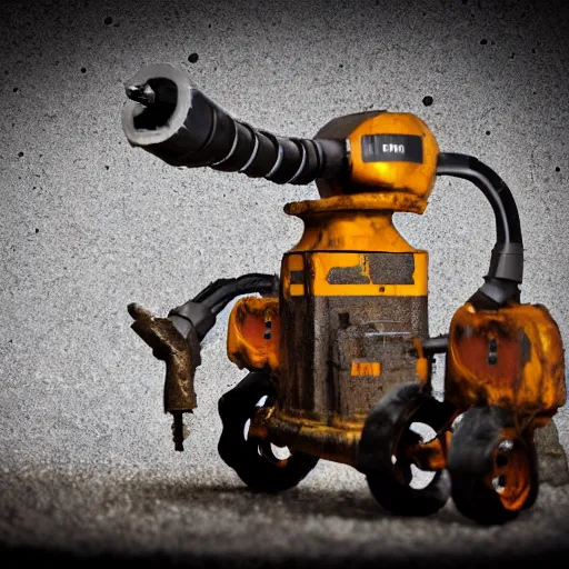 Image similar to giant scary treaded mining robot with drill, mining scrap metal, highly detailed body, retro, industrial, dark, dystopian, apocalyptic, clean, 8 5 mm f / 1. 4