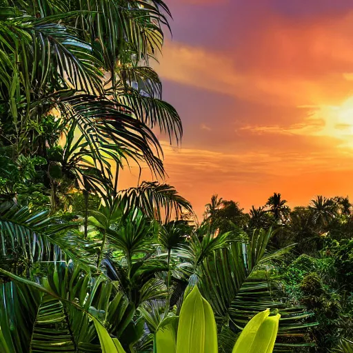 Prompt: a jungle temple surrounded by tropical flowers, with a sunset, by alex horley, bokeh photography