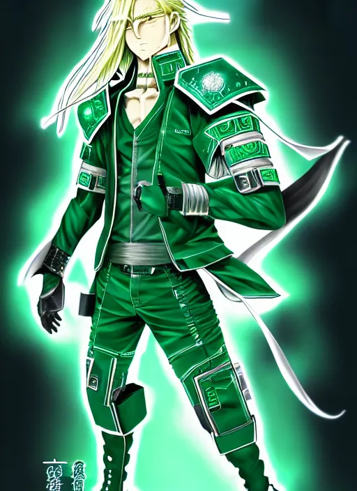 Prompt: a detailed manga full body portrait illustration of a man with long blonde hair and blue eyes wearing cyberpunk jade green battle gear by hirohiko araki, detailed artwork, realism, 4 k resolution, detailed, high quality, sharp focus, hq artwork, insane detail, volumetric lighting, character concept art, fine details, clear subject, central subject