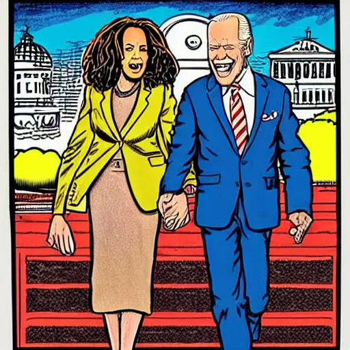 Image similar to The Artwork of R. Crumb and his Cheap Suit - Joe Biden and Kamala Harris, pencil and colored marker artwork, trailer-trash lifestyle