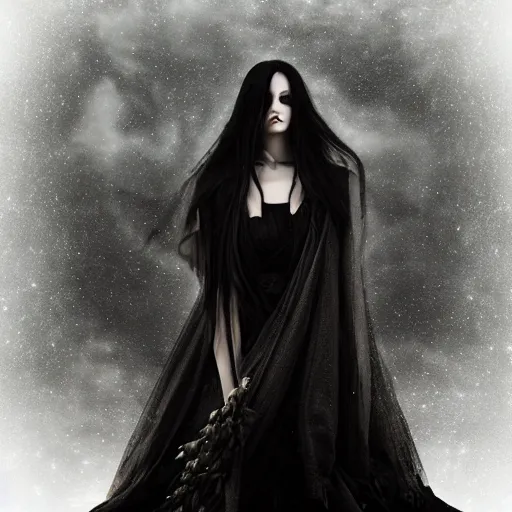 Image similar to the dark goddess of eternal night, beautiful, 8k, ethereal, cinematic, unearthly, moody, atmospheric, gothic, portrait, photomanipulation