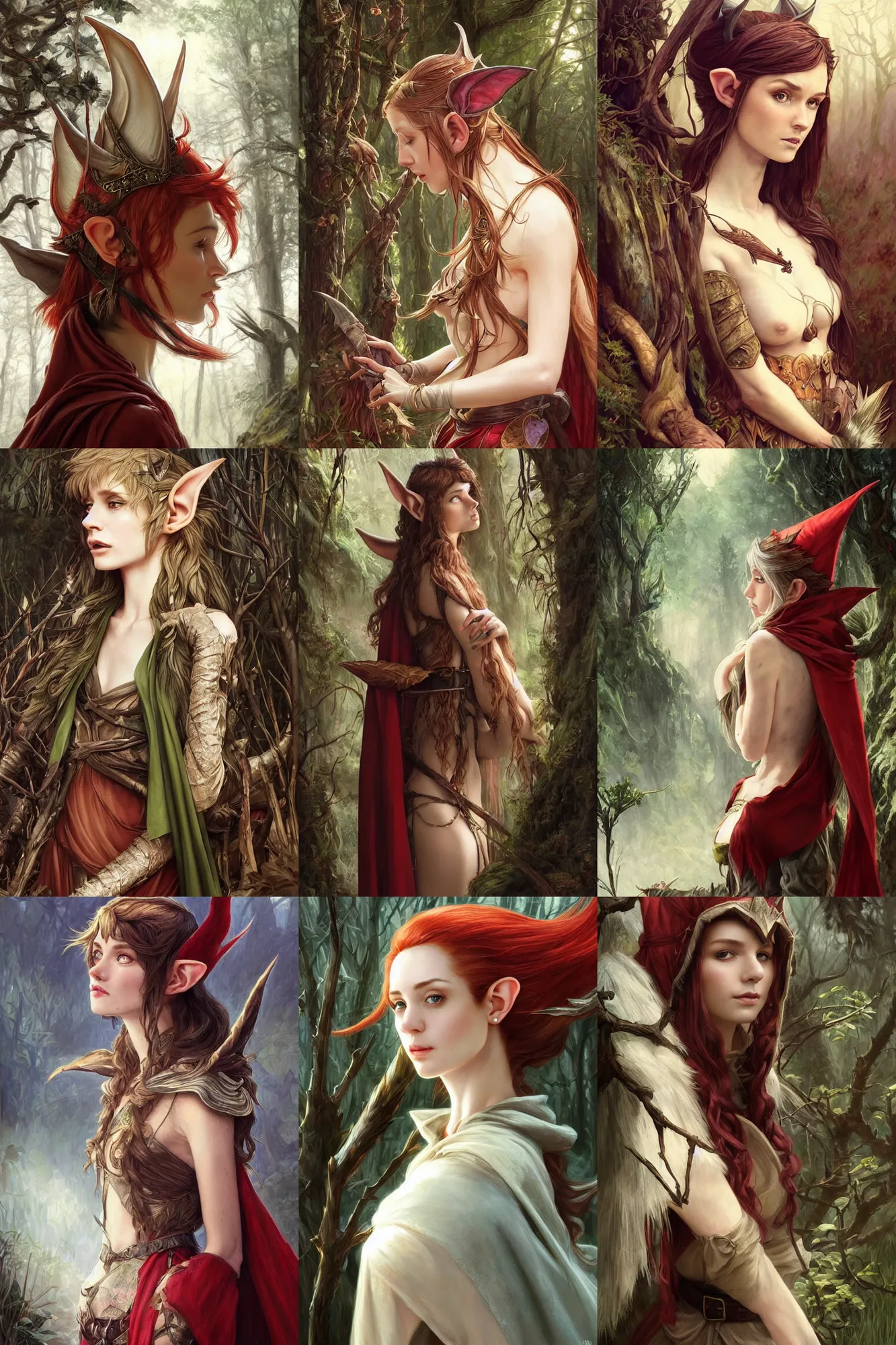 Prompt: oil painting side portrait high-fantasy elf girl with detailed pointed sharp long ears, adventurer outfit large cloak, fantasy forest landscape, moonshine, fantasy magic, feathery red hair, dark light night, intricate, elegant, sharp focus, illustration, highly detailed, digital painting, concept art, matte, art by WLOP and Artgerm and Greg Rutkowski and Alphonse Mucha, masterpiece