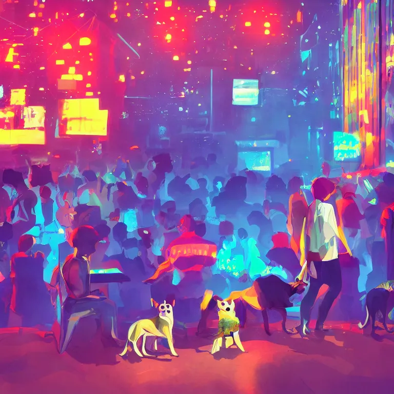 Prompt: two dogs, watching a pop concert, bright colorful lights, crowded, excited atmosphere, digital art, concept art, trending on artstation, cinematic lighting