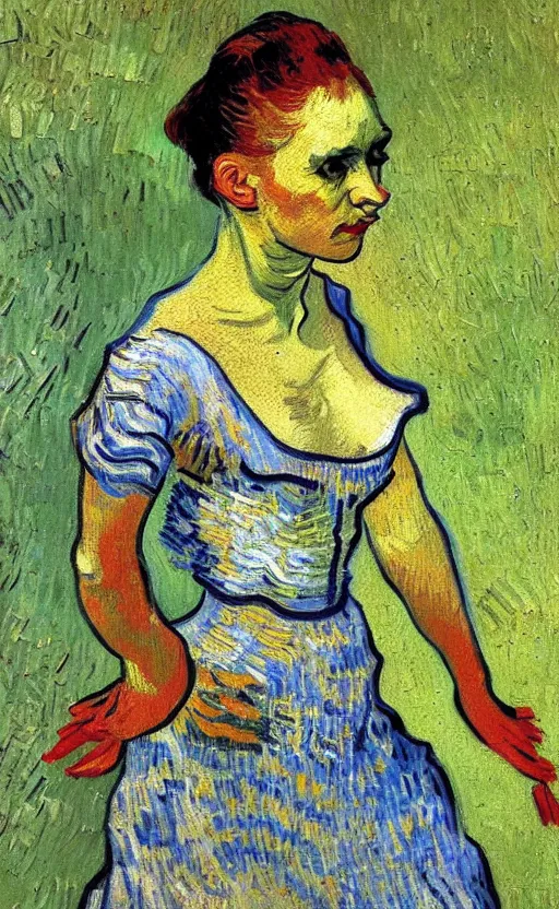 Prompt: detailed expressionist!! oil painting masterpiece portrait of a dancer on stage!! by van gogh, 8 k resolution, smooth, sharp focus, matte painting, beautiful masterpiece expressionist painting