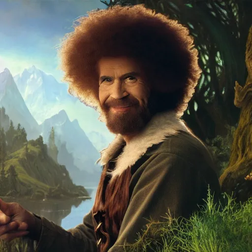 Prompt: an ultra detailed matte painting of bob ross dressed as a wandering elf druid, large alligator animal familiar!!! d & d, fantasy concept art by alphonse mucha and greg rutkowski, octane render, 8 k, detailed face