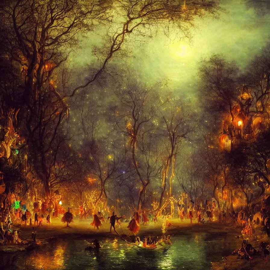 Image similar to a night carnival fairies around a magical tree cavity, with a surreal orange moonlight and fireworks in the background, next to a lake with iridiscent water, christmas lights, volumetric lightning, creatures and fantastic people disguised as fantastic creatures in a magical forest by summer night, masterpieceunderwater scene, masterpiece painted by andreas achenbach, scene by night