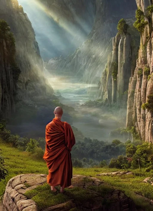 Image similar to a cosmic monk in lord of the rings scenery landscape, looking out at a big tiberian temple complex on a mountain, vast lush valley at sunrise, river, god's rays, highly detailed, vivid color, cinematic lighting, perfect composition, 8 k, gustave dore, derek zabrocki, greg rutkowski, belsinski, octane render