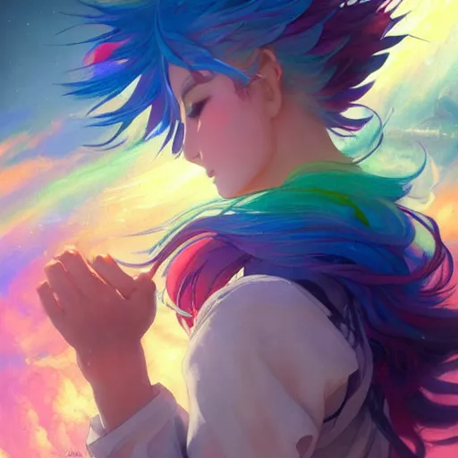 Image similar to a film still portrait of rainbow - haired goddess painting the earth, finely detailed features, closeup at the faces, perfect art, in space, gapmoe yandere grimdark, trending on pixiv fanbox, painted by greg rutkowski makoto shinkai takashi takeuchi studio ghibli, akihiko yoshida