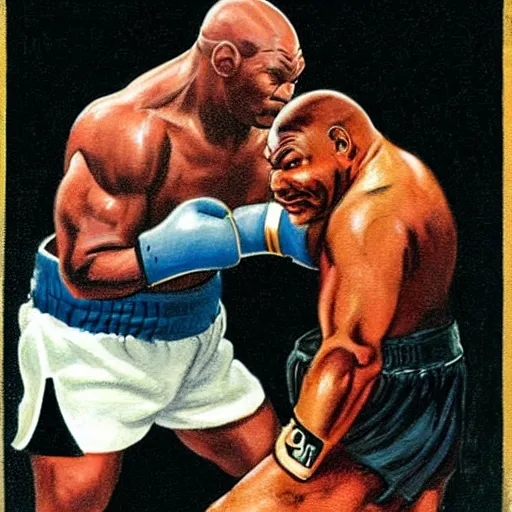 Image similar to art deco portrait of mike tyson fighting a dinosaur