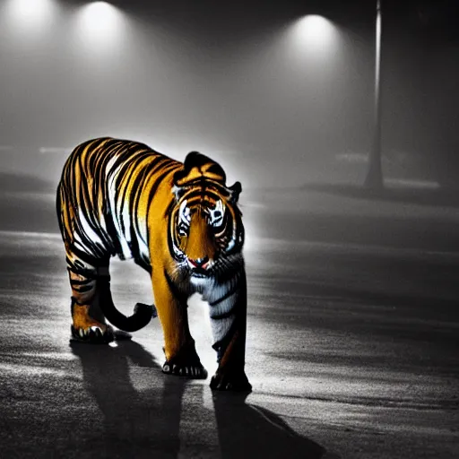 Image similar to DSLR photograph, magazine cover photograph of a tiger smoking a cigarette in Dhaka at night, foggy